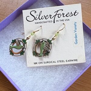 Silver Forest Green and Gold Bird Earrings